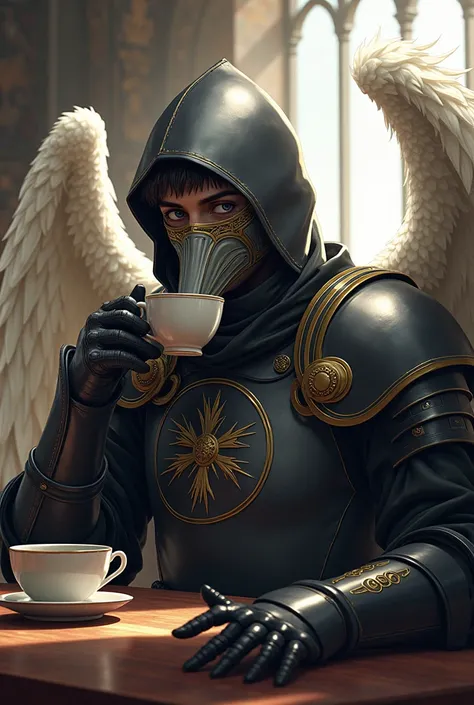 Create a male angel, with Templar armor, and mask of the plague doctors, aslo drinking tea, In anime style