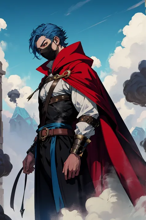 A male, muscular merchant with medium length blue hair stands in a fantasy market. He wears quality a fantasy outfit with a red cloak.His body begins to form into a cloud of smoke. He wears a black masquerade party mask.