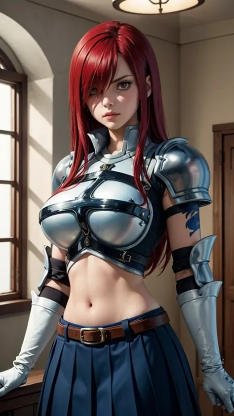 erza, brown eyes, pauldrons,blue skirt, tattoo, gloves, breastplate, 1girl, gauntlets, belt,pleated skirt, , red hair, shoulder ...