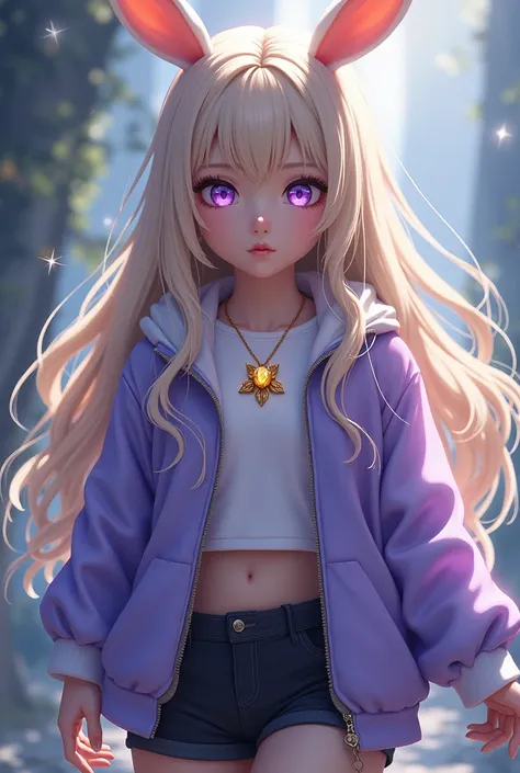 a white-skinned girl, with long, light blonde hair, with one violet eye and one grey eye, which has a gold flower-shaped crystal necklace, and has a violet jacket, and some black shorts, which also has bunny ears and tail, and has magic 