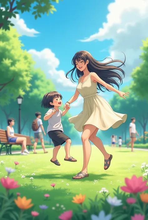 Prompt: "A beautiful, sunny day in a small urban park, where a young woman with black hair and a light-colored dress is happily playing with a small child. The scene is lively, with green grass, blooming flowers, and a clear blue sky. The woman and the chi...