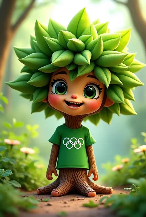 Green leaf tree , Brown log with hands and feet and green t-shirt for sports olympics friendly and cute, no ears.ñ with cute eyes and mouth in animated doll style 