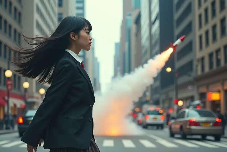 live-action、Real、Downtown NY、Beautiful Japanese schoolgirl、Superpowers、Black Hair、Long Hair、uniform、profile、Upper Body、He uses his psychic powers to deflect the rocket that was fired, emitting white smoke.