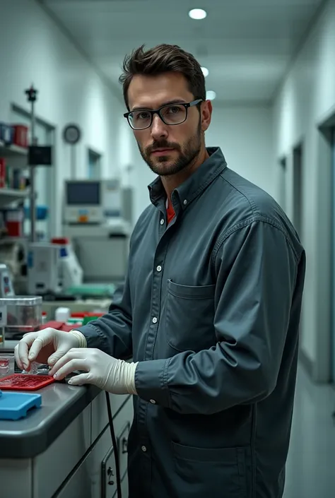 Hematotherapist man with grey or black overalls in a blood bank 