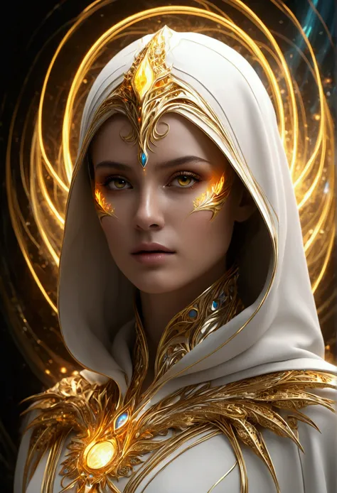 (masterpiece, top quality, best quality, official art, beautiful and aesthetic:1.2), (1girl), extreme detailed eyes, (fractal art:1.3), colorful, highest detailed, (perfect face), shiny skin, HDR, (white cloak golden lines:1.2), galaxy, (light streaks), st...