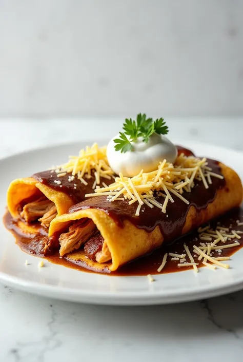 A plate of Mexican enmoladas, with cream, cheese and chicken, on a white plate 