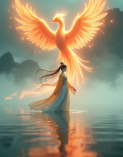 Beautiful Chinese girl standing on water, Reflection of fog, A giant phoenix is floating in the sky., magic, Fantasy, Dynamic poses, It is made of colorful flames., Delicate face, Delicate eyes, Long black and gold hair, Wearing amber and blue Hanfu clothe...