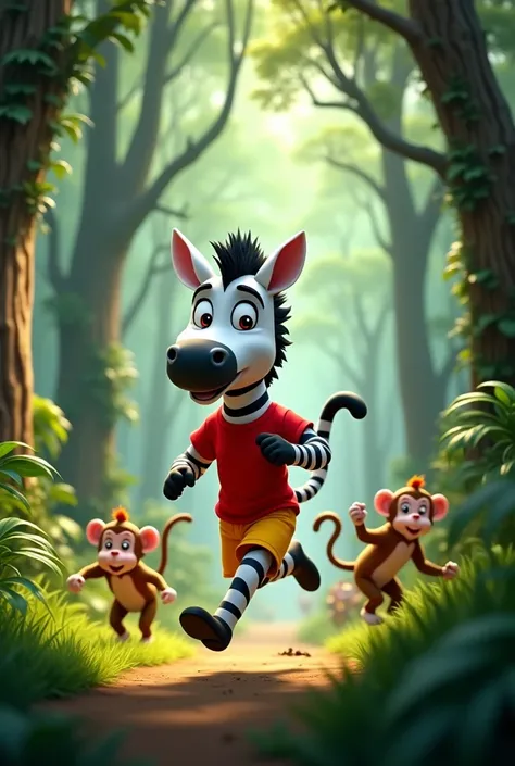 Zee the Zebra, animate, wearing the same red shirt and yellow pant outfit, running through the jungle, playing tag with three cheeky monkeys. Zee is zigzagging between trees, with the monkeys in the background trying to catch up. The jungle is lush and gre...