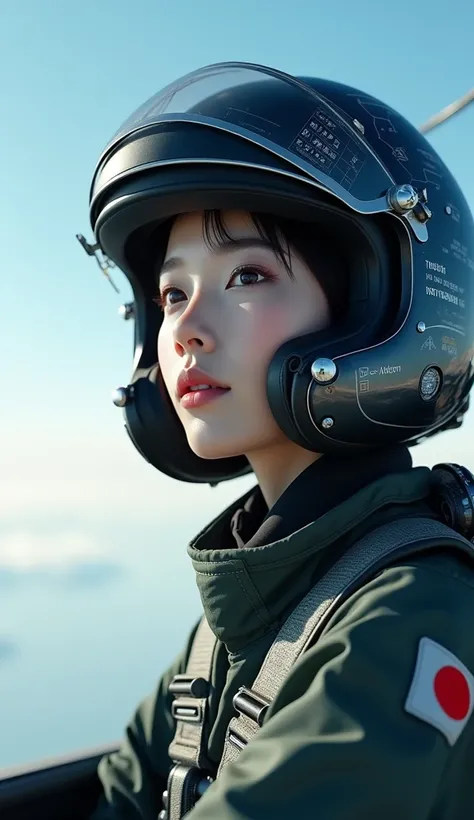 Ultra-realistic、Photorealistic、Beautiful Japanese Woman、Translucent white skin、The cockpit of the latest military fighter jet、fly in the sky、masterpiece、Focus on the face、The information is displayed in detail on the entire surface of the helmet.、Beautiful...