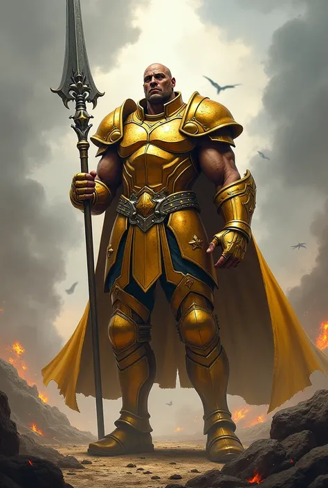 Selling big bodies, Wearing golden armor, Holding a silver spear, Standing in the middle of the Victoria battlefield, Manga drawing style, realistic 2.5D
