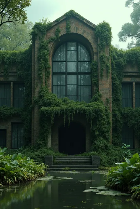 overgrown swamp, decaying art deco school, moss-covered ruins, eerie atmosphere, large stained glass windows, abandoned building, nature reclaiming, dramatic lighting, dramatic shadows, muted color palette, moody, photorealistic, 8k, cinematic, concept art