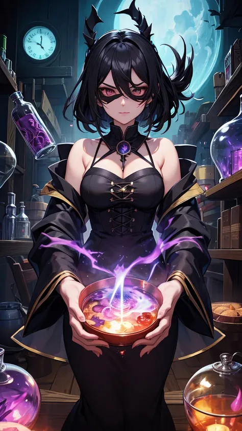 Masked sorcerer, black cloack,Anime Style, Anime, alchemist, laboratory, potion cauldron