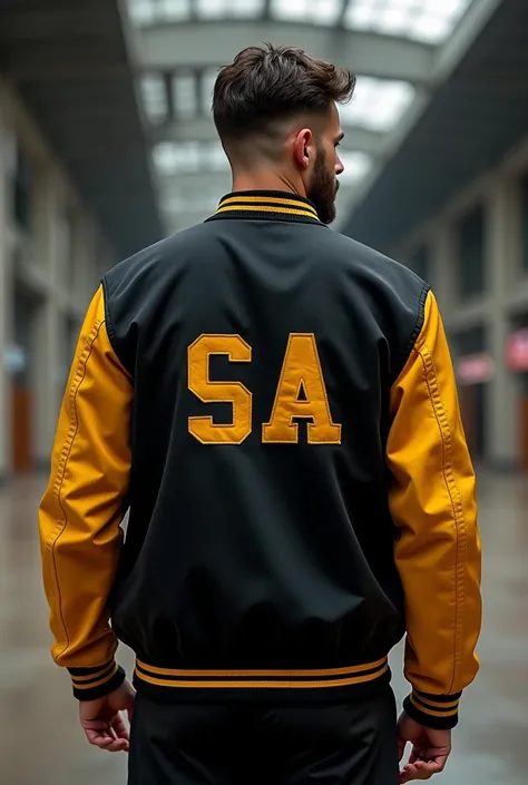 a beautiful BlackandGold lettermans jacket that reads on the front jacket with a Large "SA" and in the smaller letters below it is saying "infinity"