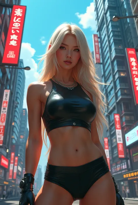 超High resolution、8k、masterpiece、High image quality、Muscular、High resolution、photograph、Realistic、A very beautiful and beautiful Japanese woman、Blonde、Cyberpunk、Smiling a little、The background is a modern Japanese cityscape、Fisheye Lens、whole body、Influence...