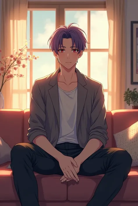 20 year old anime boy sitting straight in a sofa 