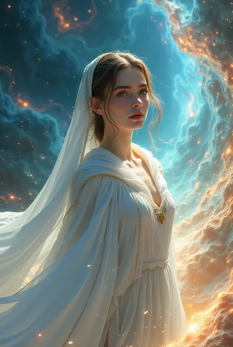 (masterpiece, top quality, best quality, official art, beautiful and aesthetic:1.2), (1girl), extreme detailed eyes, (fractal art:1.3), colorful, highest detailed, (perfect face), shiny skin, HDR, (white cloak golden lines:1.2), galaxy, (light streaks), st...