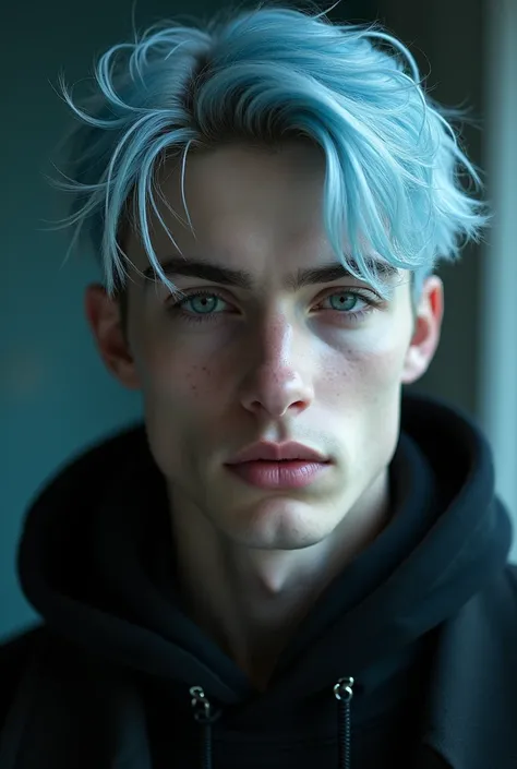 man (25 years) Very beautiful with short light blue hair with several white strands, his grey eyes, estilo Photography Styles