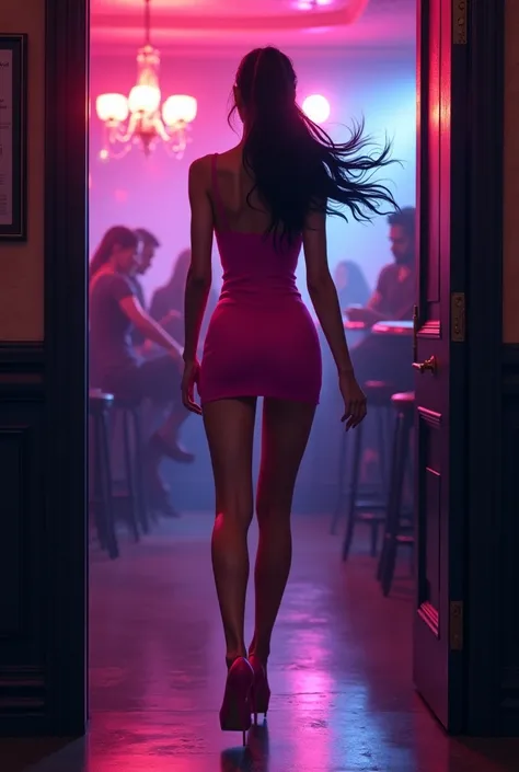 A young white woman with sapphire blue eyes and long black hair tied back in a ponytail wearing a short tight pink dress walking through a door of a nightclub 