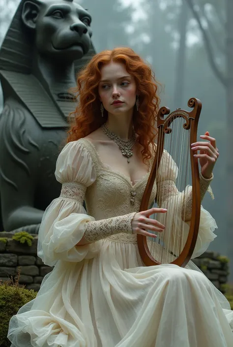 Beautiful girl with rosy skin, Curly long hair castaño. pale skin. Embroidered medieval dress, translucent, detailed. Lace glove. Lace choker. Beautiful slim body, voluptuous and exuberant. Playing a lyre of Morpheus. Sitting in front of a statue of a Sphi...