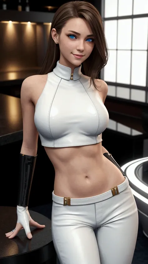 Masterpiece, Teen Girl, Brown Hair Boxing, Gorgeous Face, Blue Eyes, Very Detailed Eyes, Smile, White Leather Sleeveless Top, White Leather Pants, Skinny, Beautiful Belly, Slender, Futuristic World Style Bar Background, Exquisite Clothing Details, High Det...