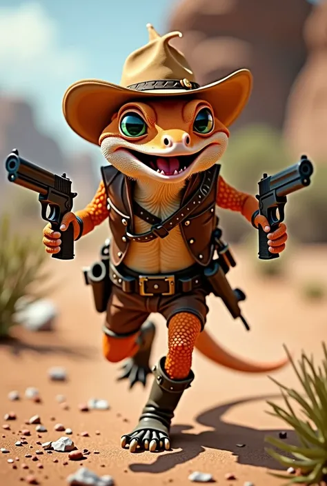 A crested gecko lizard in a cowboy outfit runs around happily holding dual pistols