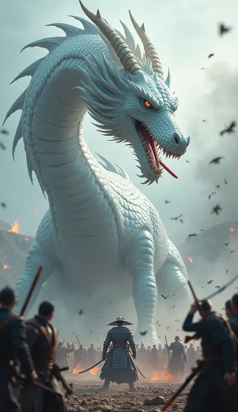 Sharp and clean lines, Realistic, High resolution,The background is the battlefield of the samurai、White oriental dragon with glowing blue eyes