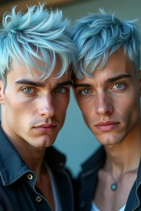 man (2 young man) Very beautiful with short light blue hair with several white strands, his grey eyes, estilo Photography Styles