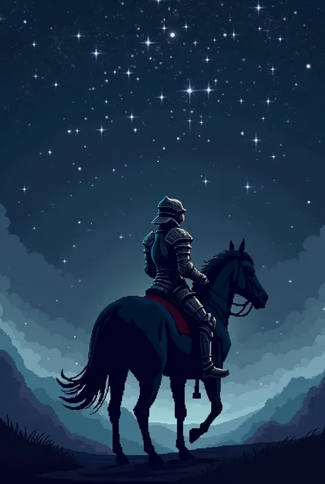 Create a pixel art of a knight on a horse back to back, riding at night, looking at the stars