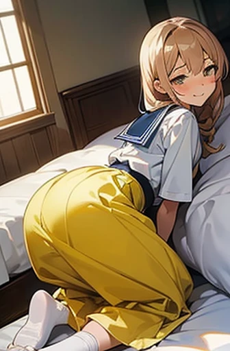 beautiful detailed eyes,(detailed bedroom in background),on bed,(((masterpiece))),(((best quality)))standing,looking back,seductive smile,blush,half closed eyes,blush,(yellow gas),(1 girl),girl,yellow gas,farting,(fart),(a girl kneeling farting on grass),b...