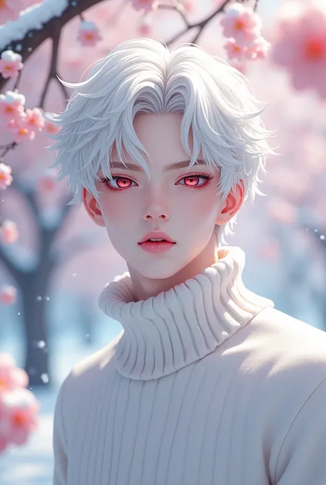 anime male, white puffy eyelashes, white snow curly puffy hair, pale skin, bushy white eyebrows, white bangs, red crimson eyes, white sweater, muscular, lip gloss, pink nails, cherry blossom trees, 