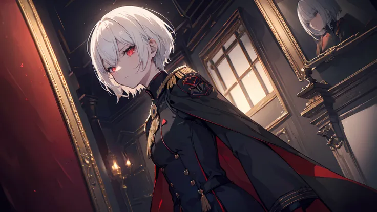 Glittering background、White Hair、Short Hair、He is wearing a black military uniform and a black cape with red embroidery.。。A dignified atmosphere。((solo))、Person looking up。Detailed picture、Anatomically correct、A picture drawn with correct shape。((((Underex...