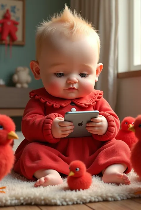 A little over sized baby sitting in mat with phone red Chicks and red dress realistic with shadow 