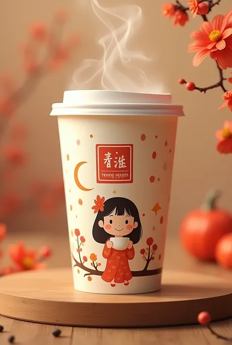 Design a coffee cup with Trung Nguyen logo, On the cup there is a cartoon image of a girl sitting and holding a cup of tea.. Mid-Autumn Festival theme water glass background 