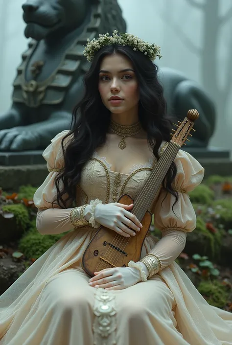 Beautiful girl with rosy skin,  Curly long hair azabache. Laurel wreath. pale skin. Embroidered medieval dress, translucent, detailed. Lace glove. Lace choker. Beautiful slim body, voluptuous and exuberant. Playing a lyre of Morpheus. Sitting in front of a...