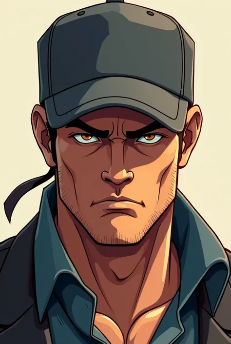 A masculine man images in animated style,  serious tone wearing shooters cap,rich,


