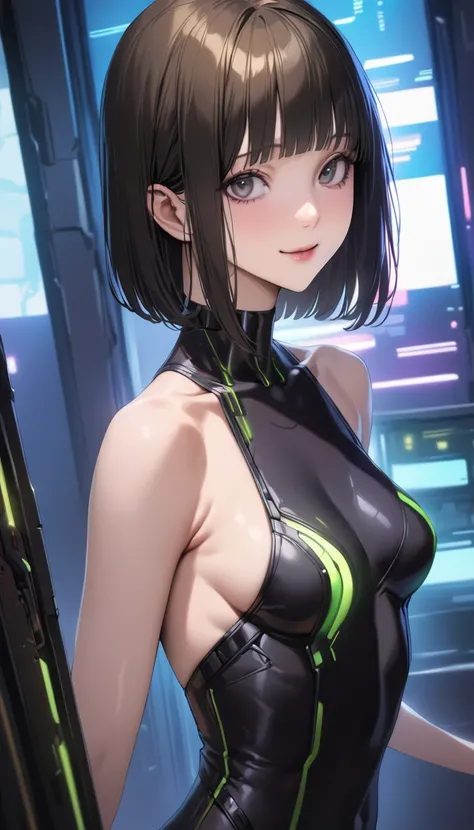 ((masterpiece,best quality anime:1.3,Best Quality)),realistic,close up of face,portrait,1woman,young adult,((one curl bob cut hair)),bangs,black hair,((very small head:1.4)),gray eyes,gorgeous big eyes,smile,((very long body:1.4)),medium breasts,(skinny,sl...