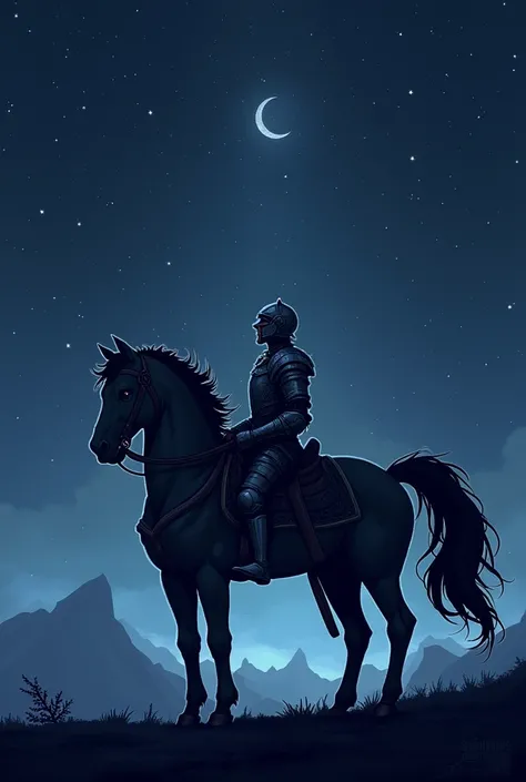 Create a pixel art of a knight on a horse back to back, riding at night, looking at the stars