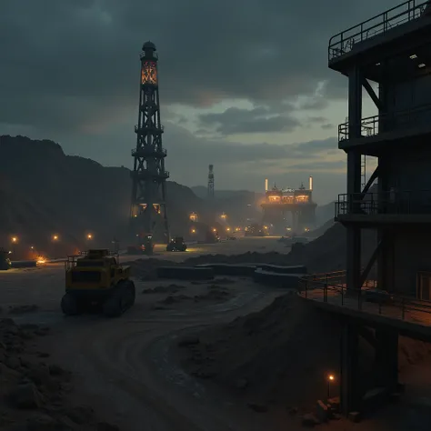 On the steel platform of a huge machining plant made of metal steel plates pieced together to create a metal frame and sci-fi atmosphere.The evening sunset shines on the steel frame and tower, the lights inside the factory flicker, and the giant machines a...