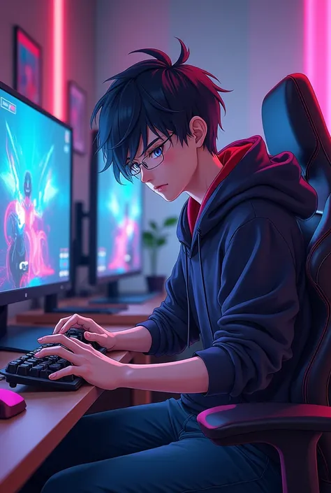 20 year old anime boy sitting in a gaming room and playing free fire
