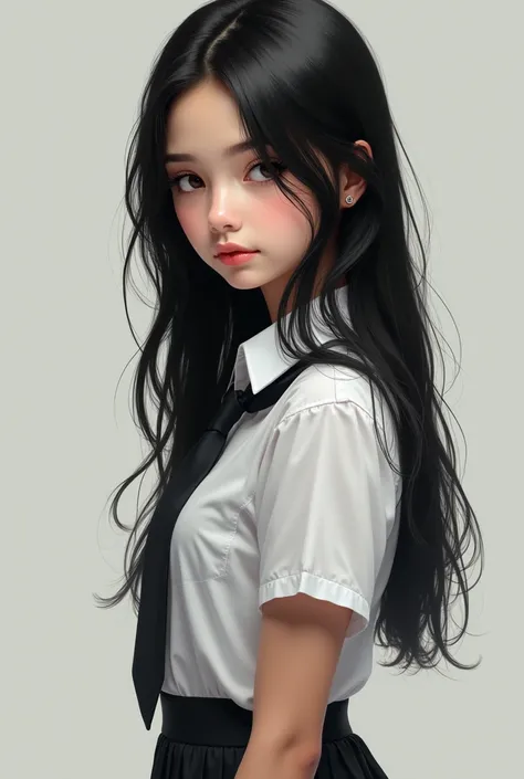  Latina girl with black hair, black eyes and white skin with realistic school uniform