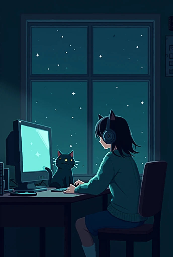 anime cat with a girl wearing headphone sitting in desk at midnight, in the style of dark teal and dark sky-blue, windows vista, #pixelart, raw and emotional, nostalgic paintings, the stars art group (xing xing), atmospheric environments, the picture are 1...