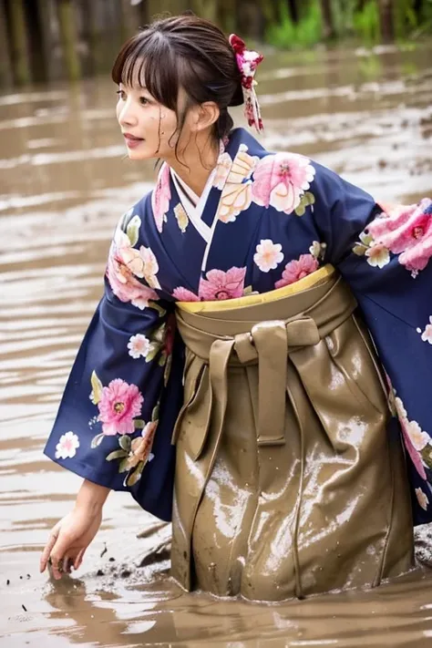 realistic, hakama, kimono, woman, furisode, clothes that stick to the skin, muddy clothes, clothes stained with mud, immersed in muddy water, buried in mud, clothes with lots of mud, woman immersed in muddy water, clothes with mud all over the body, woman ...