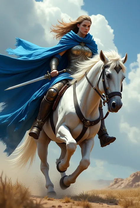 Warrior queen, in blue warrior cloak attire, riding fast on her horse, horse is furry white in colour, she is holding an unsheathed sword in her hand, her valour and courage is visible on her face, photo realism.