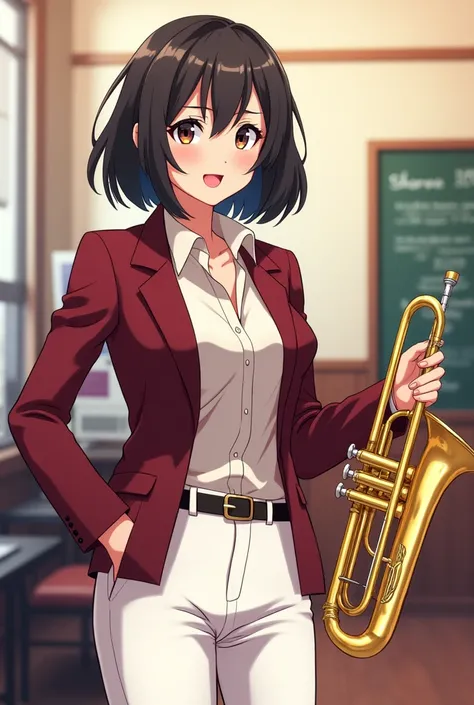 Music teacher in a wine-colored jacket and white pants holding a trumpet in an anime