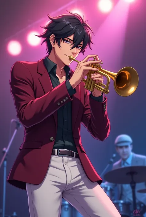 Musician in wine-colored jacket and white pants holding trumpet in anime