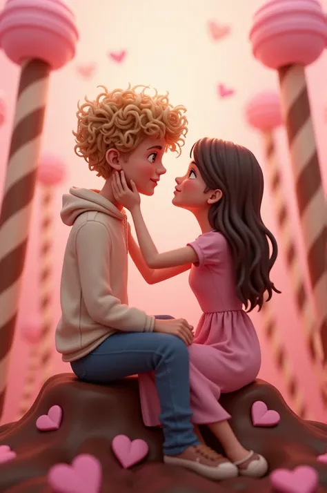 A teenage guy with light brown, almost blond curly hair is touching the cheek of his girlfriend with straight, dark brown hair... they are both looking at each other and they are on a mountain of chocolate love with a pink background and hearts... and ther...