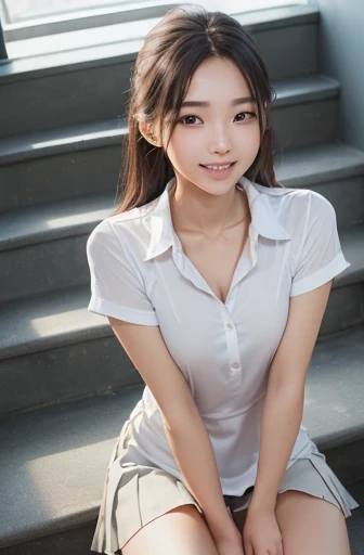 ((upper body)),Real Stick,８KCG,High resolution,Create a photo of a Korean Asian teenager,((beautiful girl:1.3),((Thin and beautiful face))、((cool beauty)), ((Light Brown)),,Narrow eyes:1.5,Slim,((Summer uniform　Short sleeve dress shirt)),(dark blue　Pleats　...