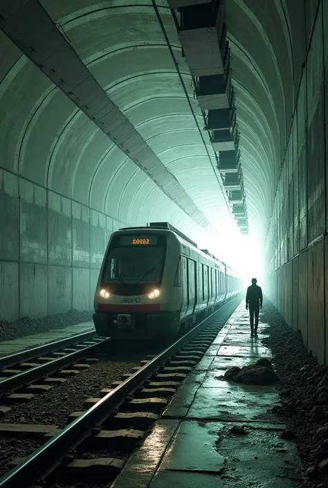 A modern metro train with green tracks, he is walking inside a tunnel under construction.