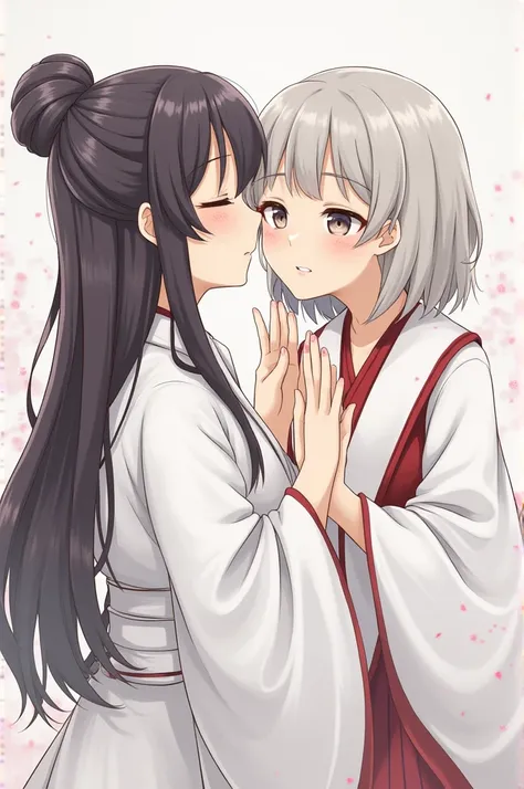 A girl in a white ancient Chinese dress with long hair is kissing a short-haired school girl.