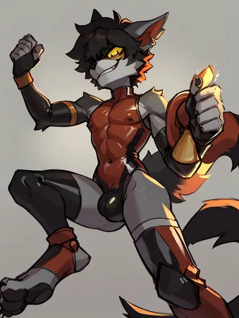 Male, robot wolf, detailed yellow eyes, long tail, big nipples, slim, sly, simple background,kicking, smirk, bulge,  glasses, tail wrapping around body，aak，Sexy latex swimsuit，full body，fighting，paws，stirrup，stirrupfootwear